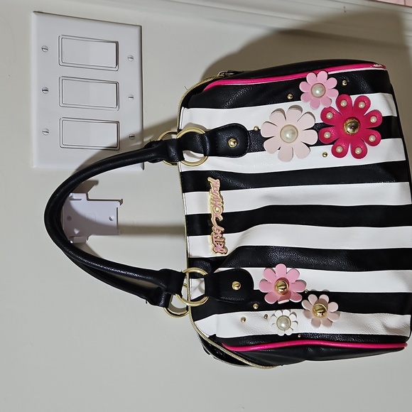 Betsey Johnson Striped Satchel with Floral Accents - Picture 1 of 9